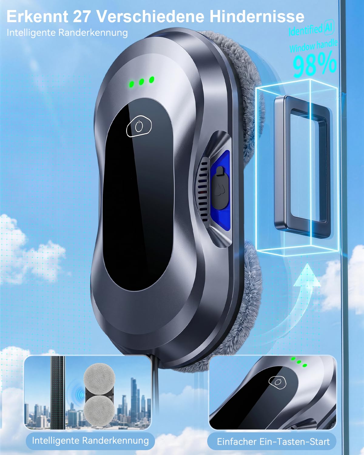 Robofun Fensterputzroboter,Fensterputzer Elektrisch, Fensterroboter | 6000Pa Saugkraft, Bürstenloser Motor, Doppelhelix-Reinigung, Randenerkennung, Sauber und spurlos,Fensterreiniger Roboter