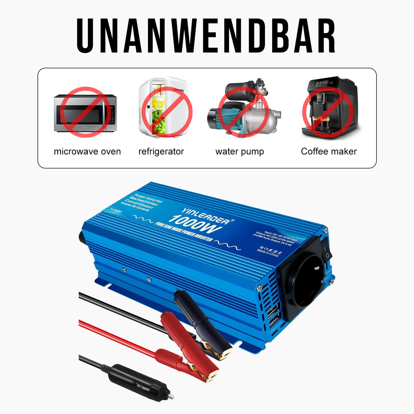 Yinleader Inversor De Corriente Onda Sinusoidal Pura 1000W Transformador De 12v A 230v, 1 Toma EU Enchufe 2 USB, para Coche Caravana Barco cámping de Viaje /2000W Potencia de sobretensión