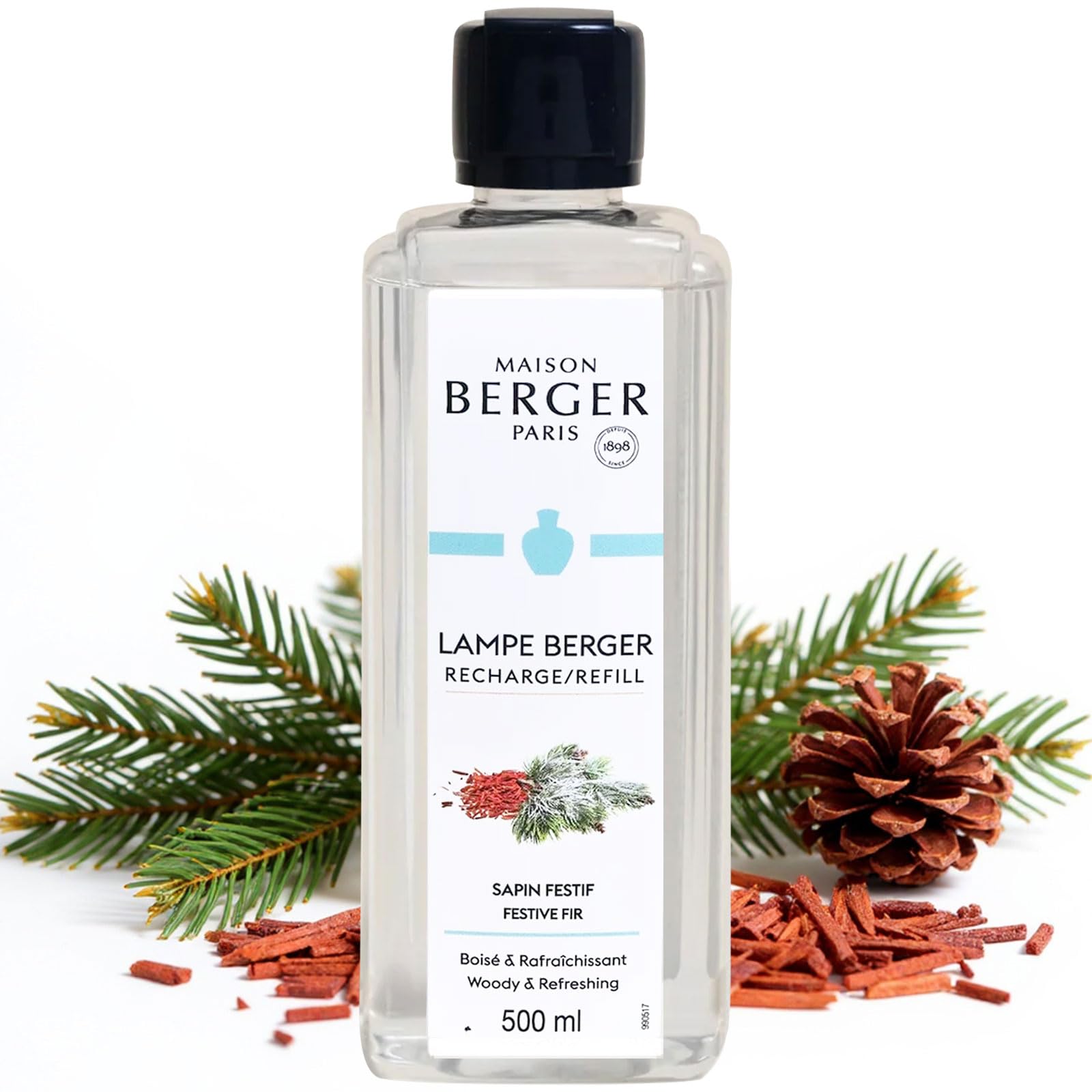 Maison Berger Festive Fir Lamp Berger Fragrance Refill, 500 Ml – 2-In-1 Catalytic System, Neutralizes Odours Then Diffuses Fragrance, Balsam Fir With Pine, Eucalyptus And Spiced Wood