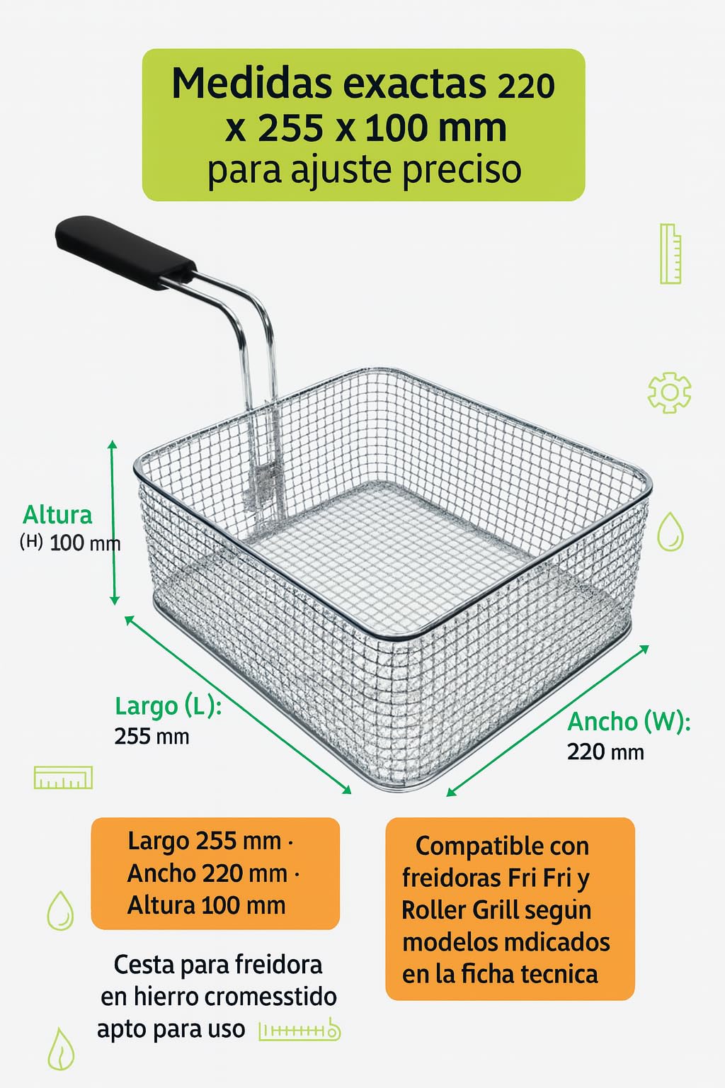 CubetasGastronorm ® Cesta Freidora 220x255x100mm Hierro Cromado Mango Termoaislante Recambio Profesional Compatible Con Fri Fri Roller Grill Cocinas Gas Y Electrica Hosteleria Taller Hogar Diario
