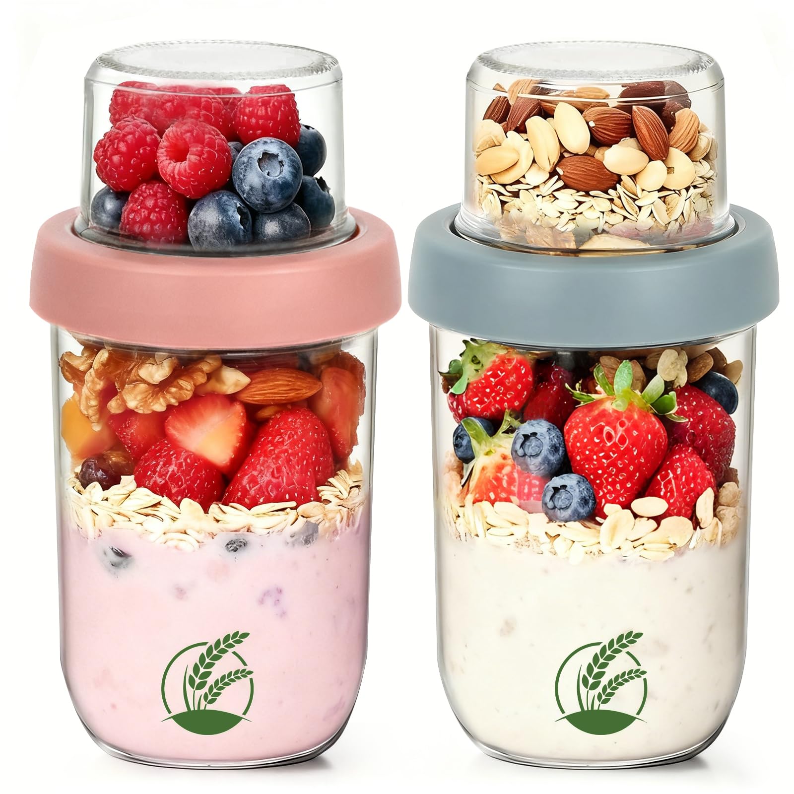 Artlyfe 2er Overnight Oats Gläser, Müslibecher to go, 480 ml+120ml | Doppelwandiger Glasbehälter mit Deckel,Joghurtbecher to go Und Müslibecher Geeignet für die Schule,die Arbeit oder Picknicks