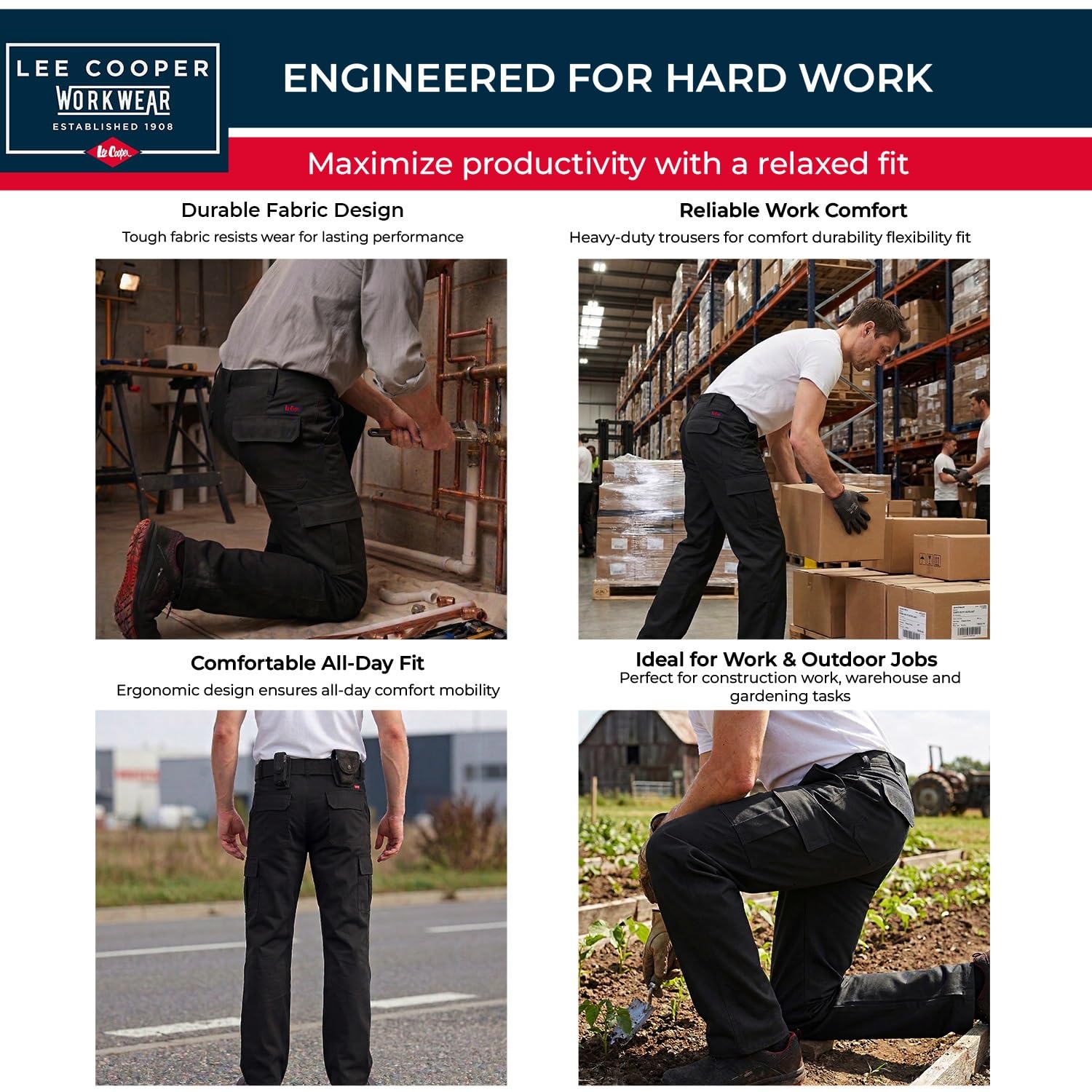 Lee Cooper Pantaloni Lavoro Uomo Cargo 245 GSM – Workwear Resistenti Multi Tasche Facile Cura, Pantaloni Sicurezza Regular Fit con Bottone e Zip