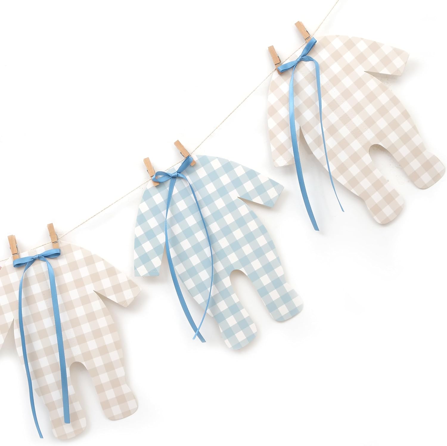 Blue and Cream Baby Onesie Garland – 8 PCS Big Size Baby Shower Banner, Baby Clothesline Garland, Blue Plaid Baby Bodysuit Cutouts for Gender Neutral Baby Shower or Nursery Decor
