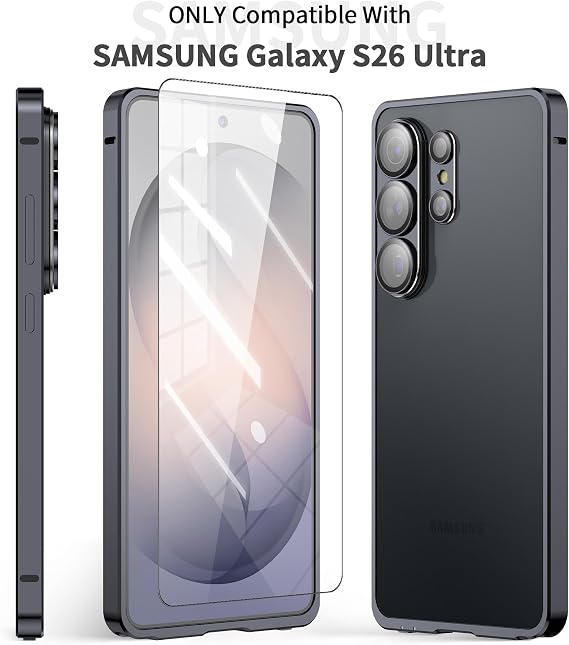 Metal Bumper Case for Samsung Galaxy S26 Ultra, Aluminium Frame Slim Case [Separate Metal Lens Protector] [HD Tempered Glass Screen Protector] [Hippocampus Buckle Design] Cover for S26 Ultra 6.9 Inch