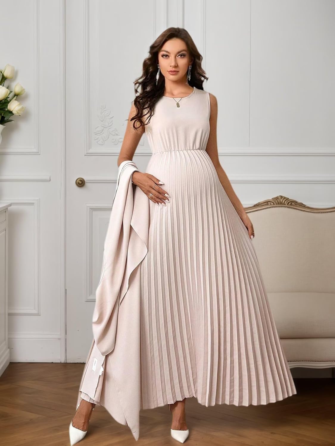 Xyiveaf Pleated Satin Maternity Dress with Shawl Long Pregnancy Gown for Photoshoot Baby Shower Party Dresses - Image 3