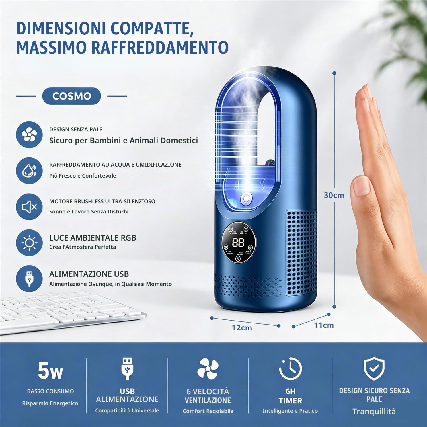 Ventilatore condizionatore portatile, mini condizionatore silenzioso senza pale con 6 velocità del vento e timer 1-6H, umidificatore, alimentato tramite USB, unità mini AC a risparmio energetico, da