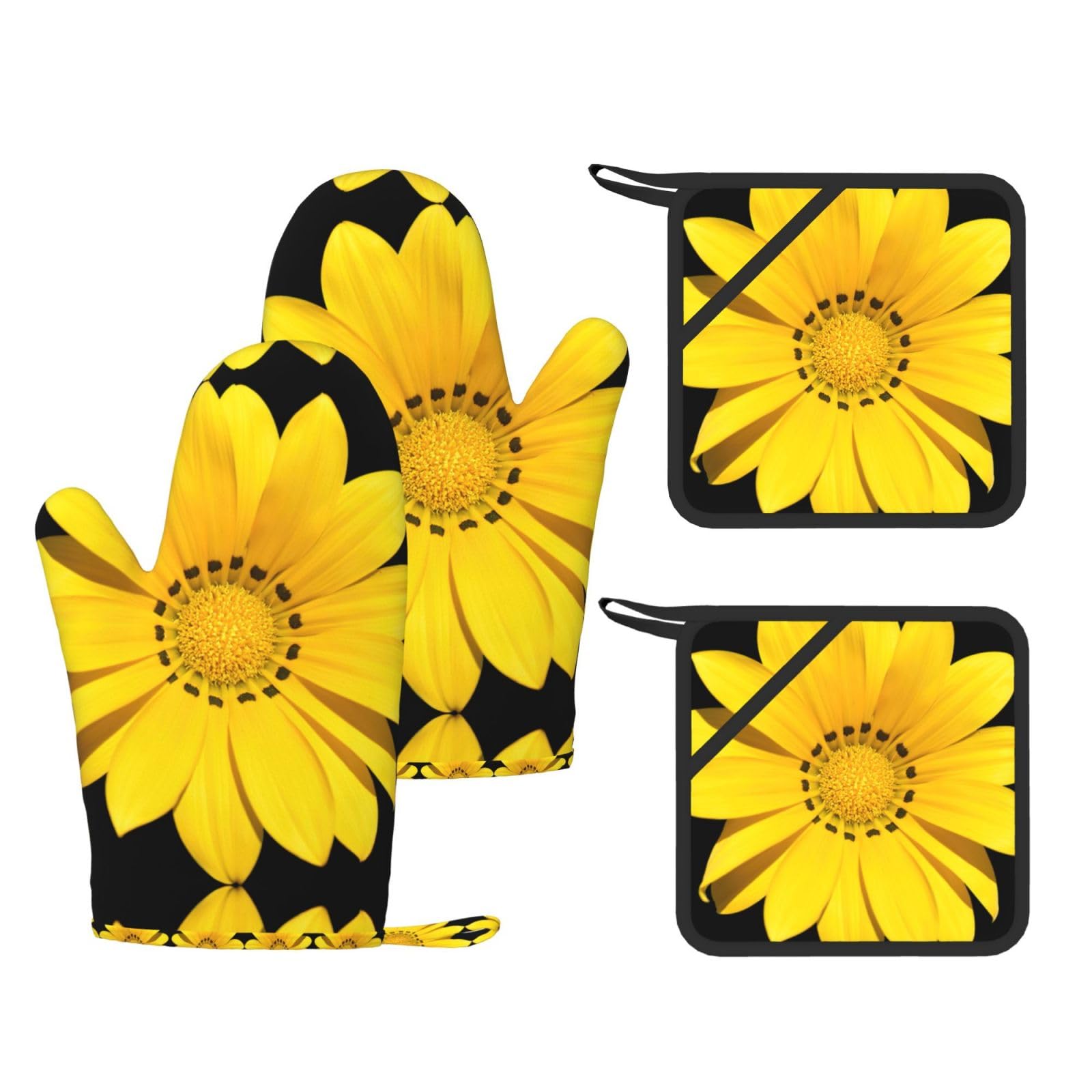 Eeprty Black Sunflower Printed Kitchen Oven Gloves And Potholder 4 Pcs, Non-Slip Heat Resistant Mitts For Baking Chef