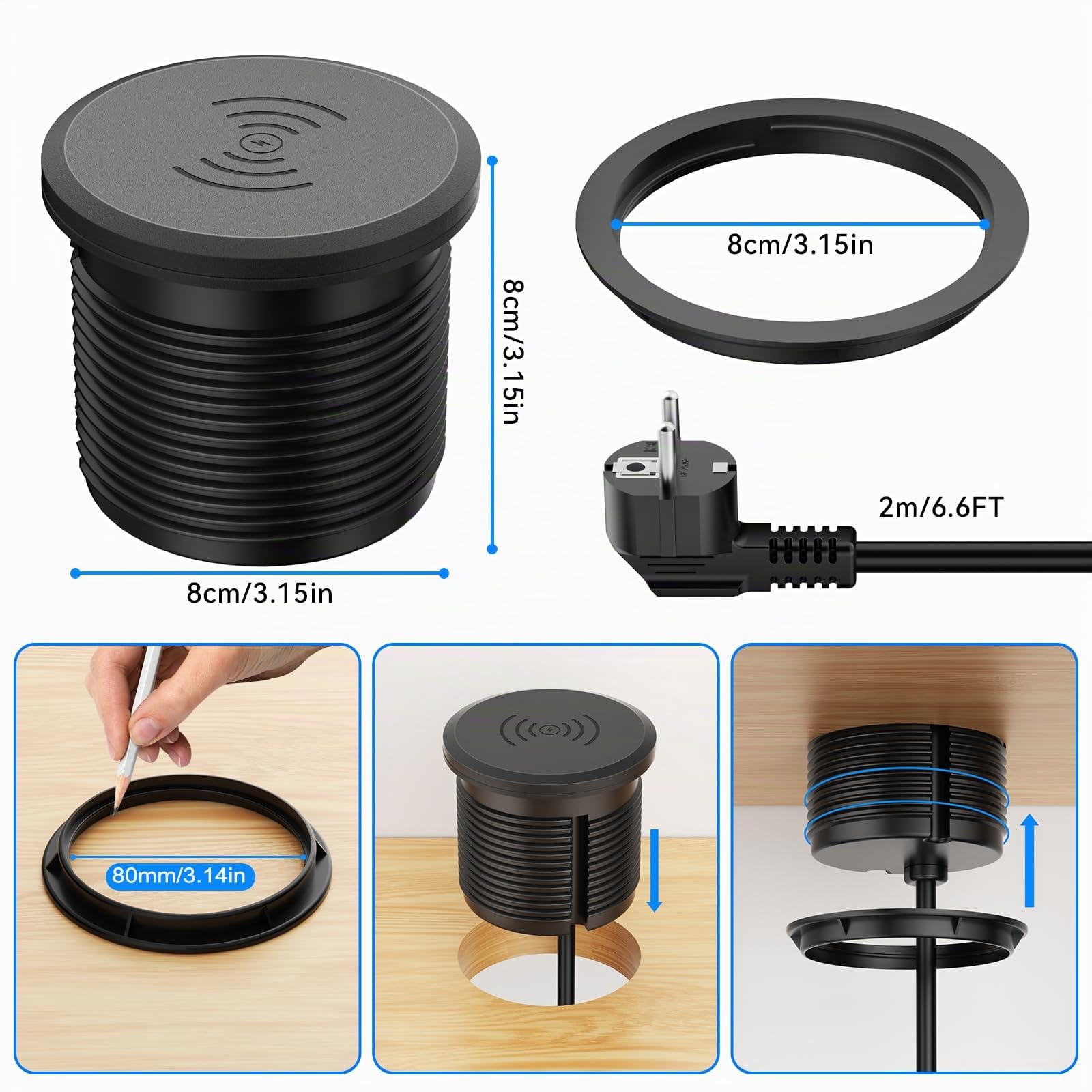 Einbausteckdose mit USB-C PD 30W und 15W Qi-Laden, Ø80 mm