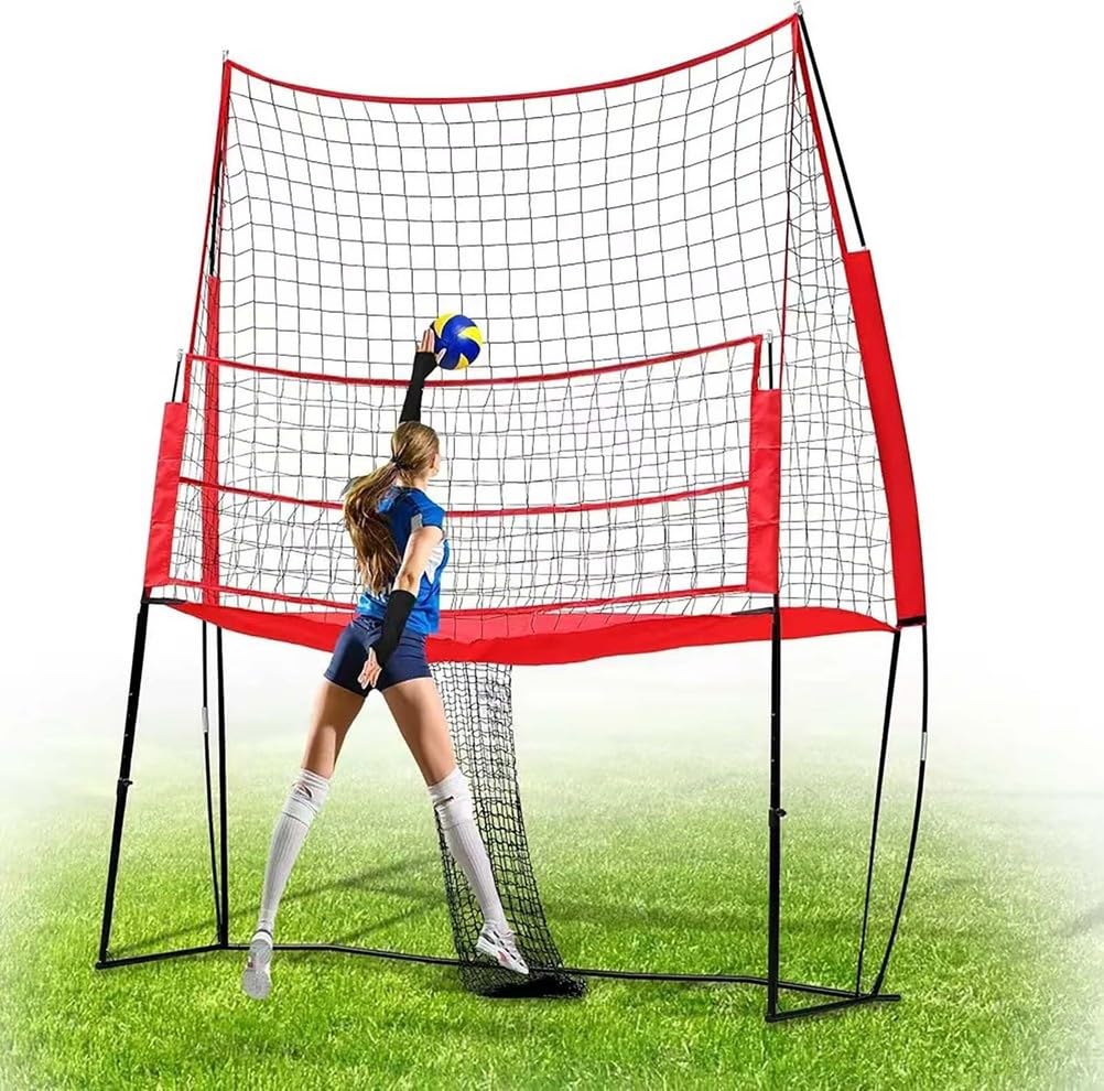 ZMJGLL Volleyball Training Equipment Net, 11x8 Ft Practice Net Station, Spike Trainer for Backyard, Beach, Courtyard, Indoor Outdoor,beginners (Red)