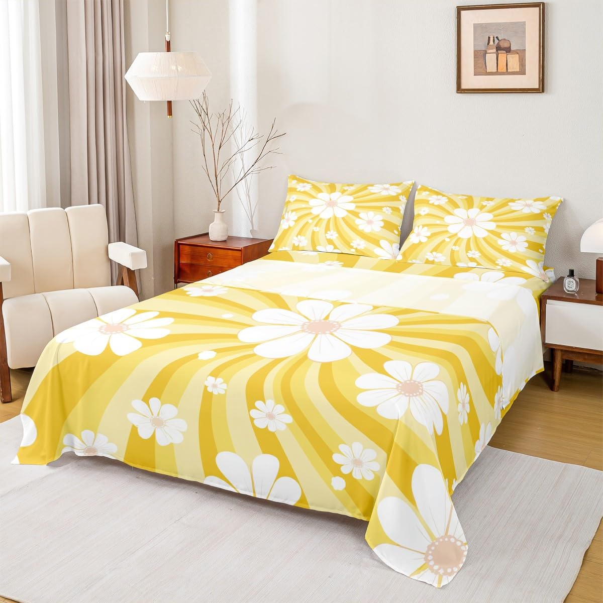 Cartoon Flowers Sheet Set Kids Boys Girls Yellow Stripes Fitted Sheets Set Full Size Daisy Bedding Sheet Sets Includes 1 Flat Sheet,1 Fitted Sheet,2 Pillowcases