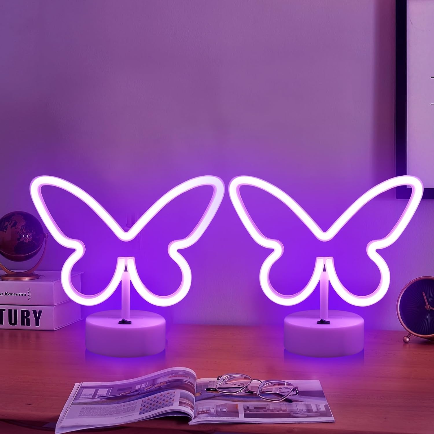 Butterfly Neon Sign, 2Pack Led Lights Purple Room Decor for Girls Bedroom, USB/Battery Operated Purple Lamp for Party, Birthday, Wedding, Holiday, Living Room, Bar, Bedroom, Indoor,Valentine Gifts