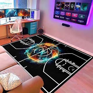 Alfombra de baloncesto para dormitorio de niños, alfombra deportiva con estampado de baloncesto para sala de estar, dormitorio, sala de juegos, decoración de sala de baloncesto, color negro, 5 x 7