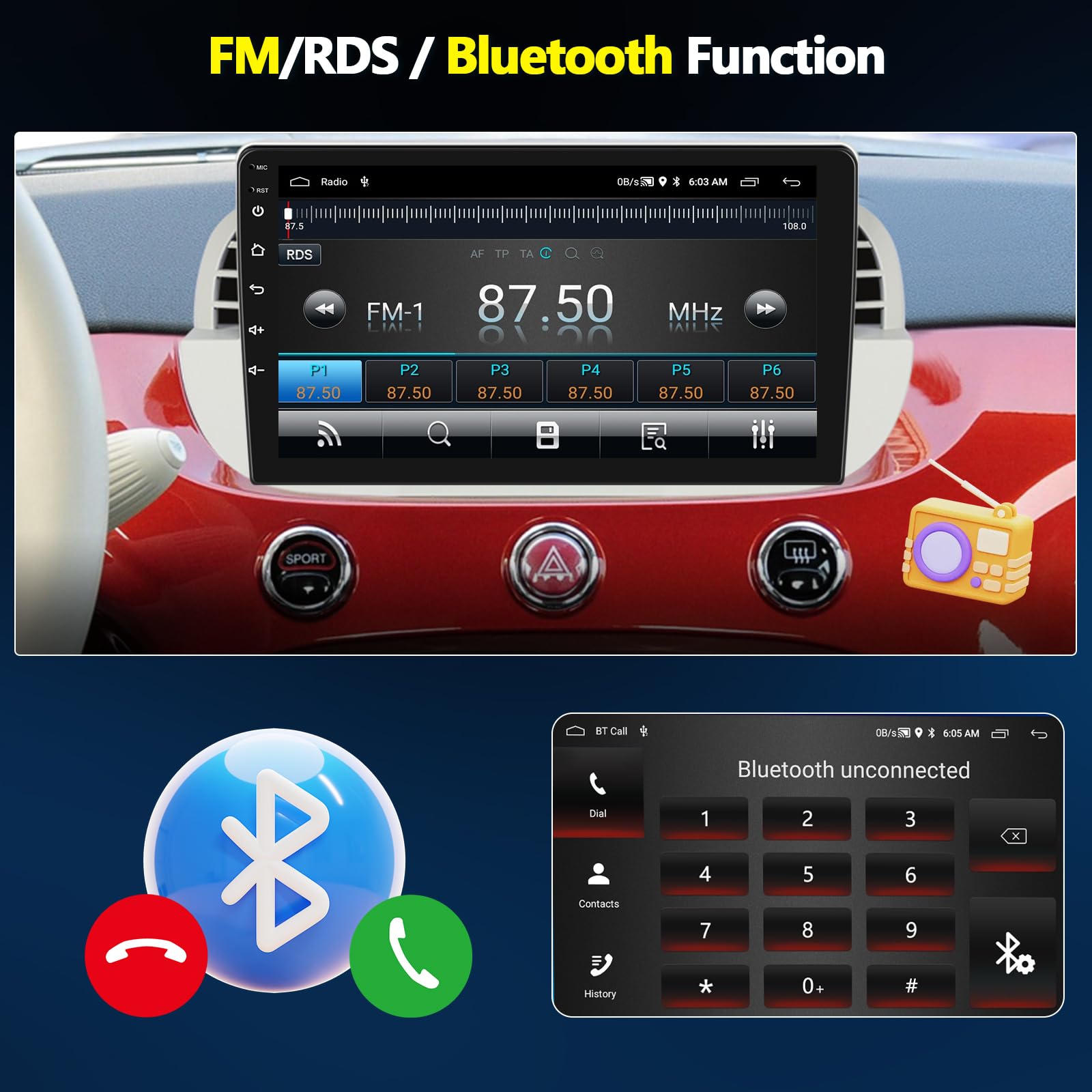 Autoradio Android 13 Pour Fiat 500 2007-2015 - 7" écran IPS, CarPlay/Android Auto Sans Fil, GPS, WiFi, Caméra Recul