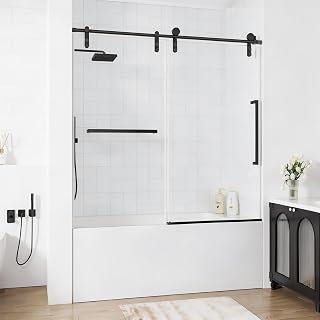 56-60" W x 60" H Frameless Bathtub Shower Door, Sliding Tub Shower Glass Door, 5/16" (8mm) SGCC Tempered Glass Shower Doors with Nano-Coating and Explosion-Proof Film, Easy to Clean, Matte Black
