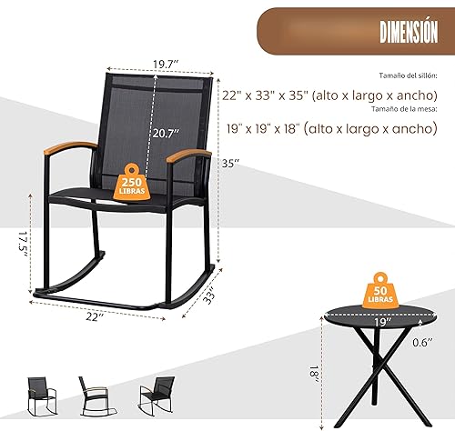 Miniatura 6 de Shintenchi - Juego de 3 piezas, muebles de tela Textilene para patio al aire libre, juego de sillas mecedoras para el porche delantero, juego