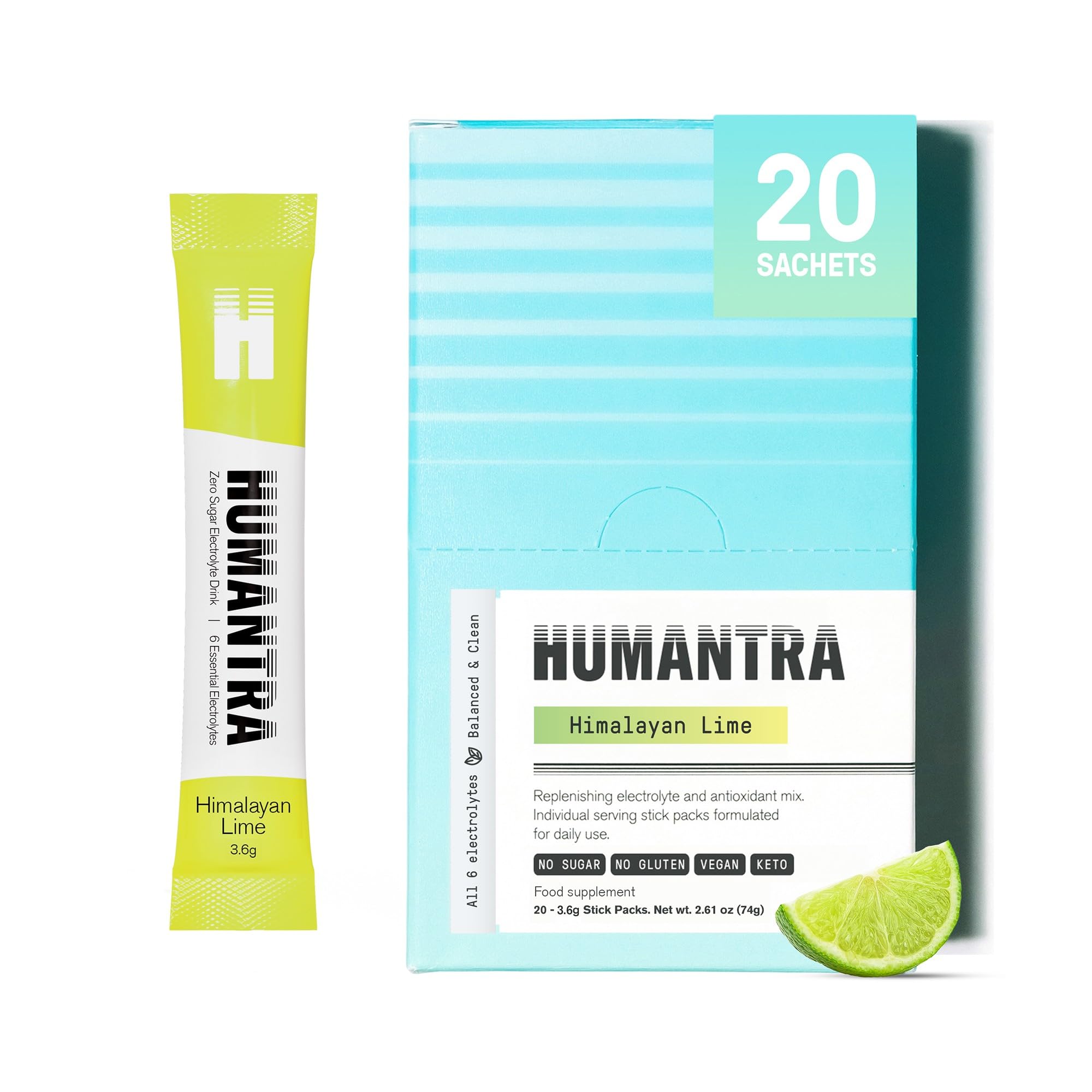 Electrolytes Powder - Himalayan Lime Flavor, 20ct - Powdered Hydration Sachets - Plant-Based Electrolyte Powder with 6 Electrolytes - Vegan, Sugar Free, Gluten Free