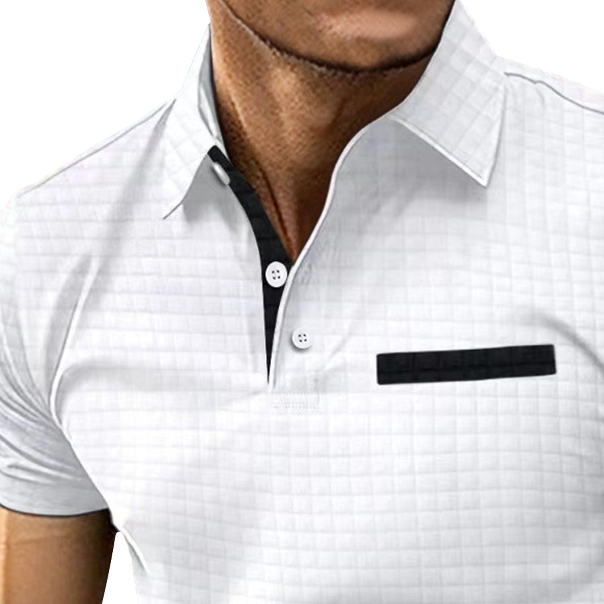 Men Urban Style Sports Polo Shirt Classic Quarter Button Jacquard Plaid Shirts Summer Golf Exercise Pullover Tops (White,Small)