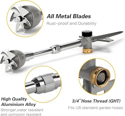 Miniatura 2 de Aspersor de césped para patio, rociador de agua 100% metal con base de pico resistente, riego de 360 grados para césped, rociador de jardín