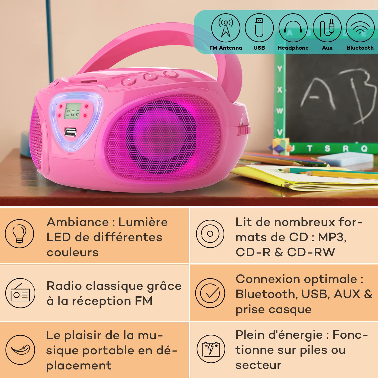 Auna Roadie - Radio-CD , Chaîne stéréo , Boombox , Lecteur CD , Port USB , MP3 , Tuner radio AM/FM , Bluetooth 2.1/EDR , Entrée RCA-AUX-jack 3,5 mm , Éclairage LED multicolore , 2x1,5W (RMS) , Rose