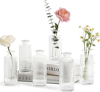 ComSaf 6-Pack Mini Clear Glass Bud Vases 5.2 Inch Ribbed Vintage Flower Vases for Centerpieces, Weddings, Home Decor & Gifts