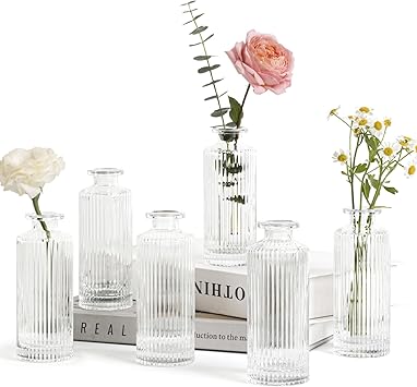 ComSaf Small Vases for Flowers Mini Clear Glass Bud Vases in Bulk, 5.2 inch Tall Mini Flower Vase, Vases for Centerpiece, Ribbed Vase, Wedding Table Ceterpiece, Home Decor, Housewarming Gift Clear