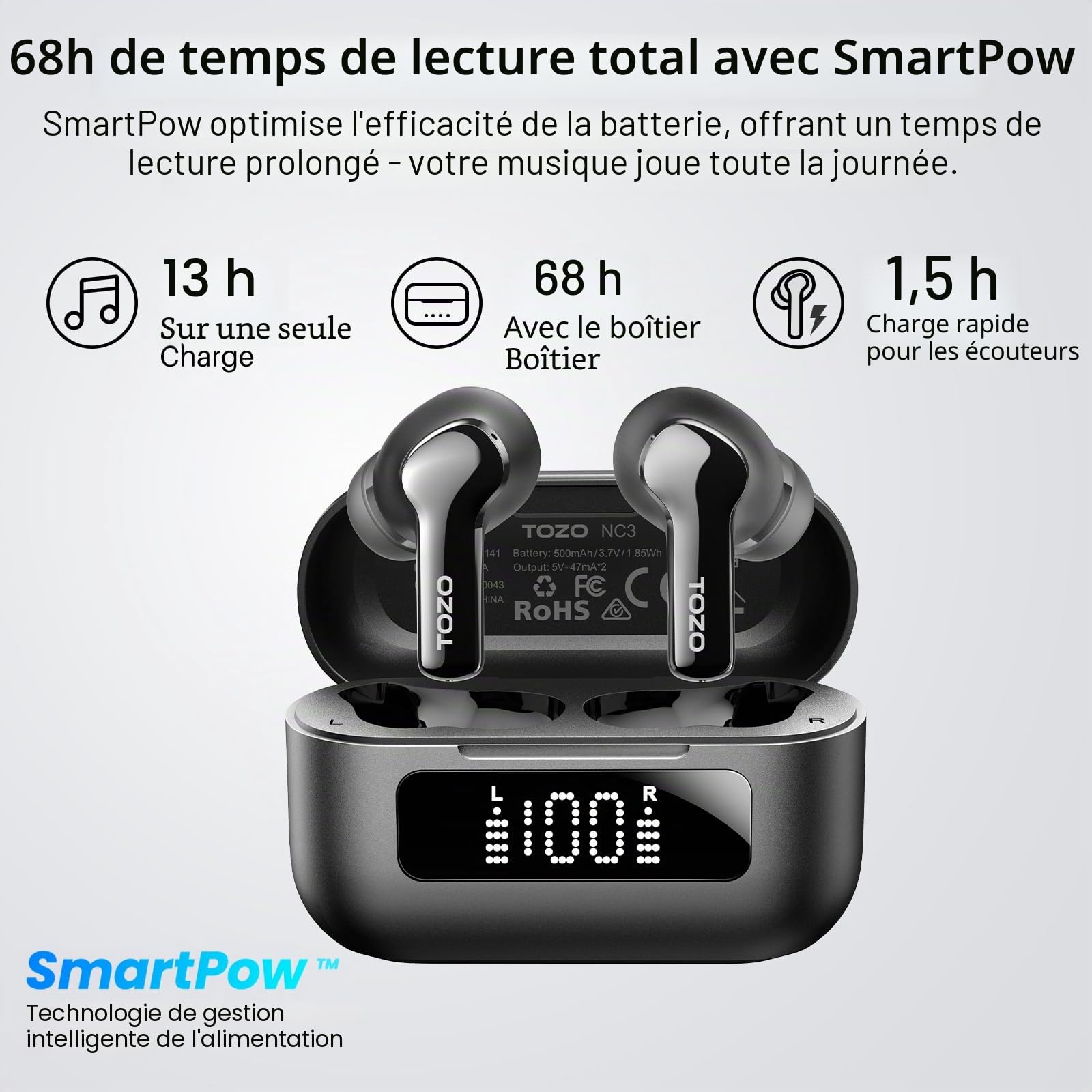 TOZO NC3 Écouteurs Bluetooth sans Fil avec Hybride ANC Appels IA ENC