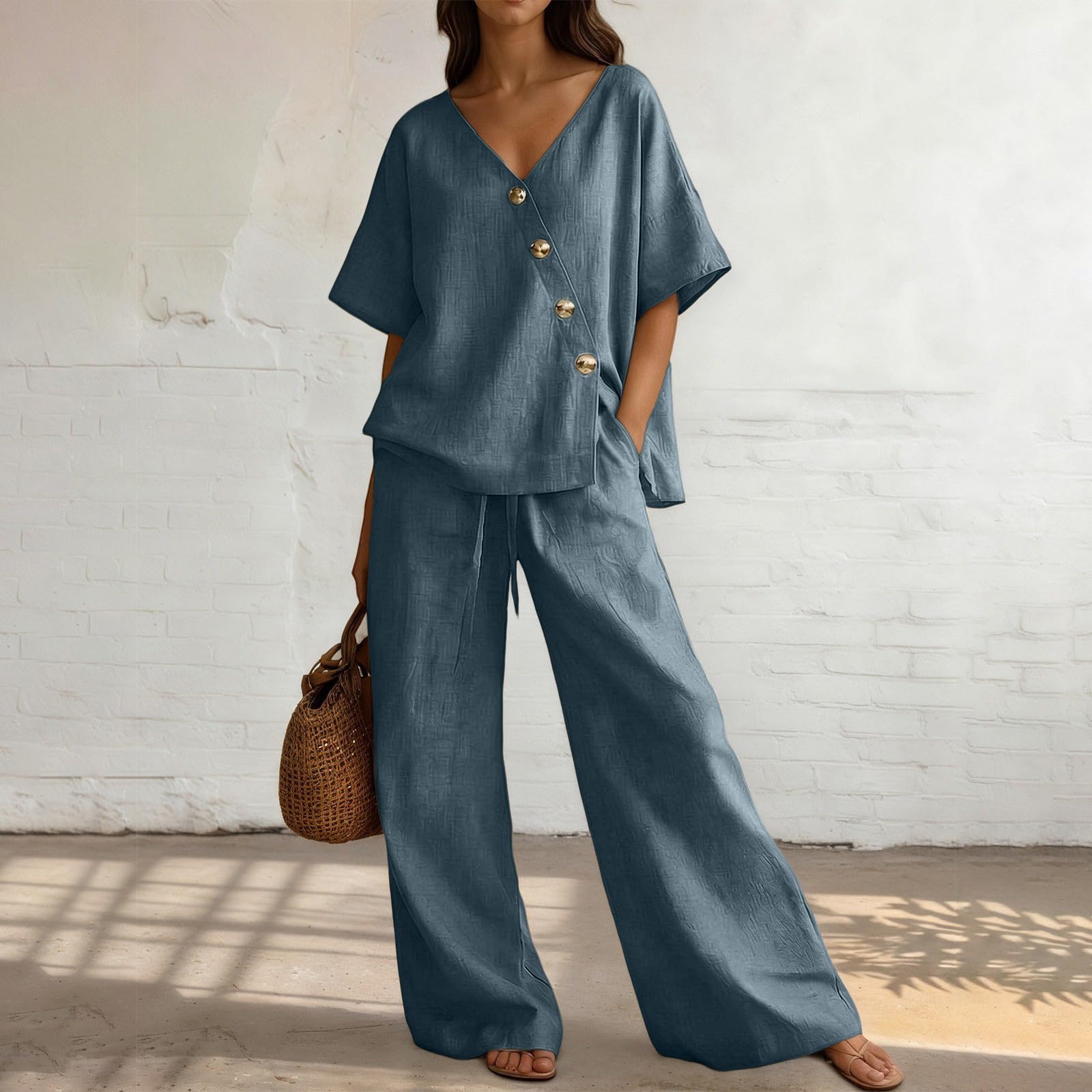 Ensemble Femme Chic Et Elegant Ete Pantalon Large Haut Fluide Tenue D'été 2 Pièces Pour Femme Élégant Tenue Décontractée Léger Respirant Tailleurs Chemisier Vetement pour Sorties Quotidiennes