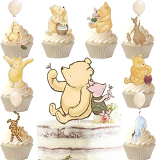 25PCS Vintage Winnie Cake Topper and Cupcake Toppers Kit For Pooh Baby Shower Decorations Gender Neutral Birthday Cake Decorations Oh Baby Newborn Party Supplies