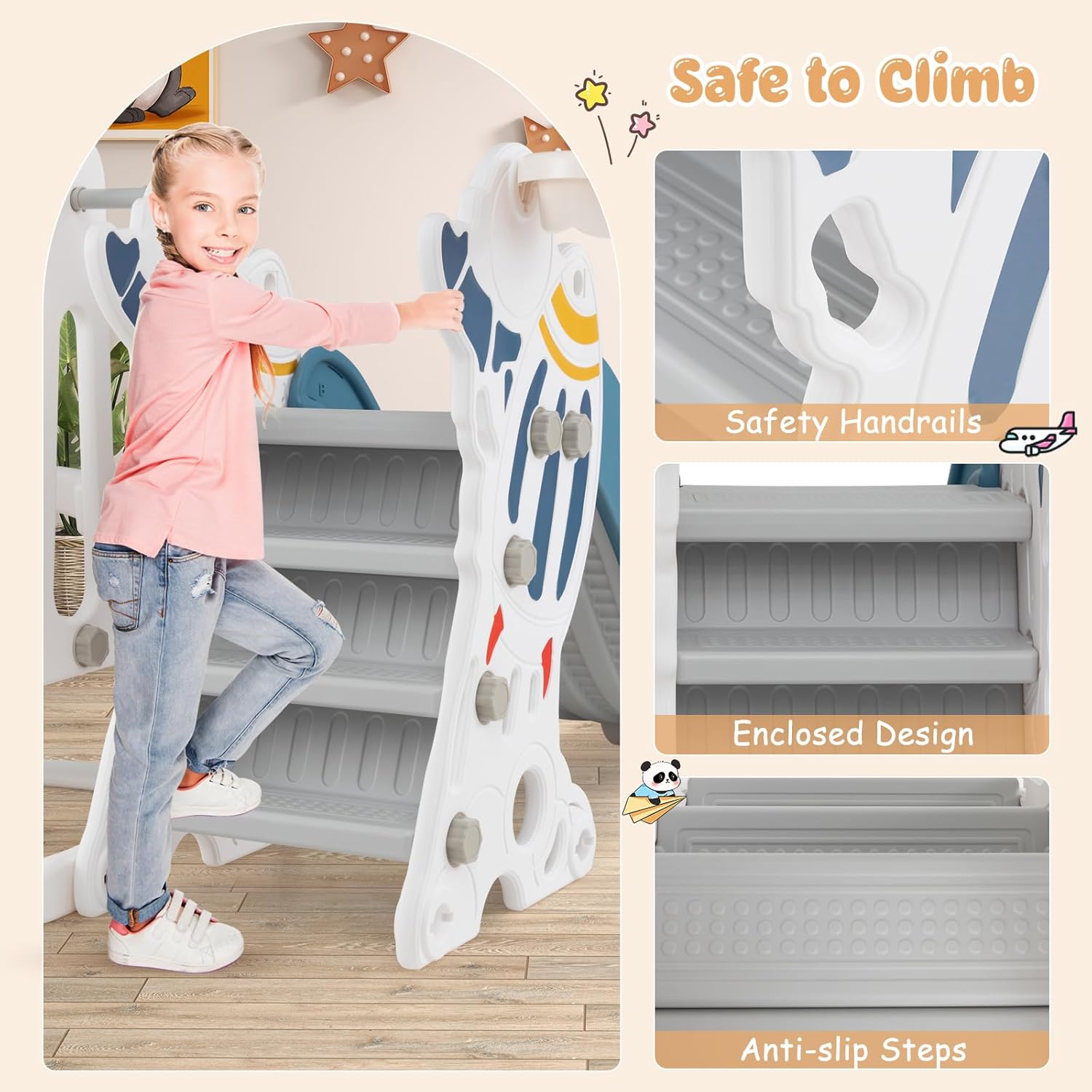 Costzon 4 in 1 Toddler Slide and Swing Set, Rocket Indoor Outdoor Baby Swing w/Slide, Swing, Climber, Basketball Hoop and Ball, Kids Climber Playground Playset for Boys Girls Gifts Presents