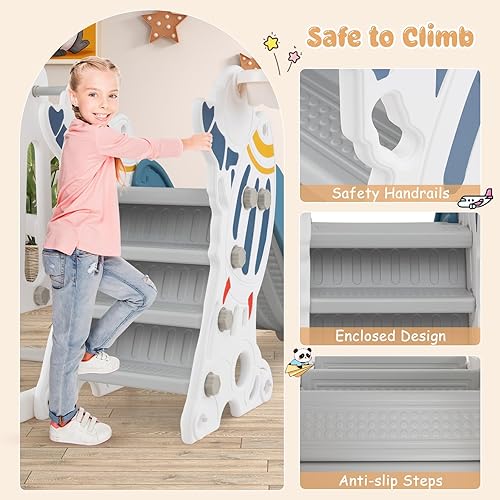 Miniatura 8 de Costzon Juego de tobogán y columpio 4 en 1, cohete para interiores y exteriores, columpio para bebé con tobogán, columpio, escalador, aro de