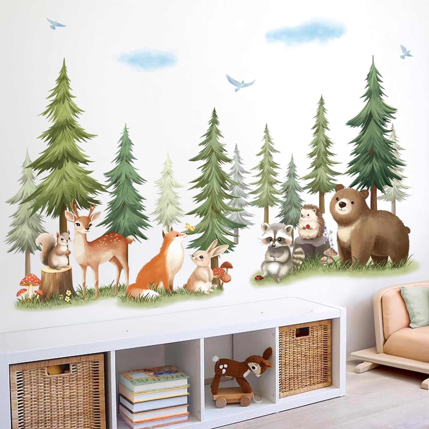 SHUCHING Pine Tree Wall Decals Peel and Stick, Self-Adhesive Vinyl Woodland Animal Wall Sticker, Wall Decor Art Home Decoration for Baby Nursery Kids Room