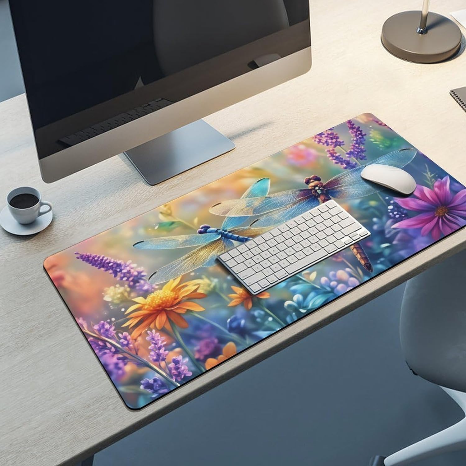Vibrant Dragonfly & Floral Extended Gaming Mouse Pad with Stitched Edges 36 * 16 * 0.07,Large Non-Slip Rubber Base Keyboard Mat,Desktop Protector for Gamer Office Home image 5
