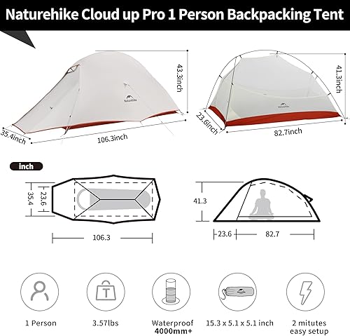 Miniatura 2 de Naturehike Cloud-Up - Tienda de campaña para 1 persona, tiendas ligeras para mochileros para un hombre, tienda de campaña ultraligera impermeable