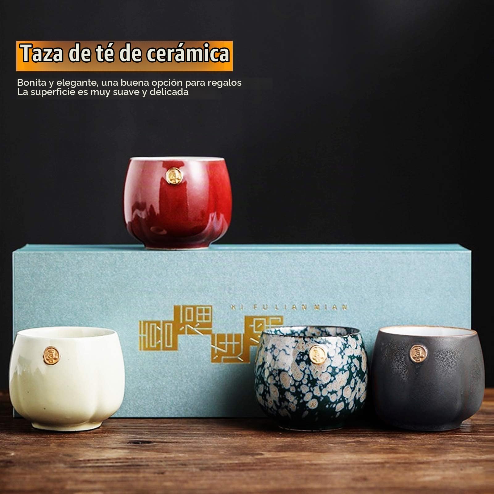 Tazas de Cerámica, Juego de 4 Tazas de Té de Cerámica de Diseño Japonés Tazas de Té de Cerámica Estilo Zen Tetera Artesanal Única China Tazas de Té con Caja de Regalo para Casa y, 7.7x6cm/3x2.4in