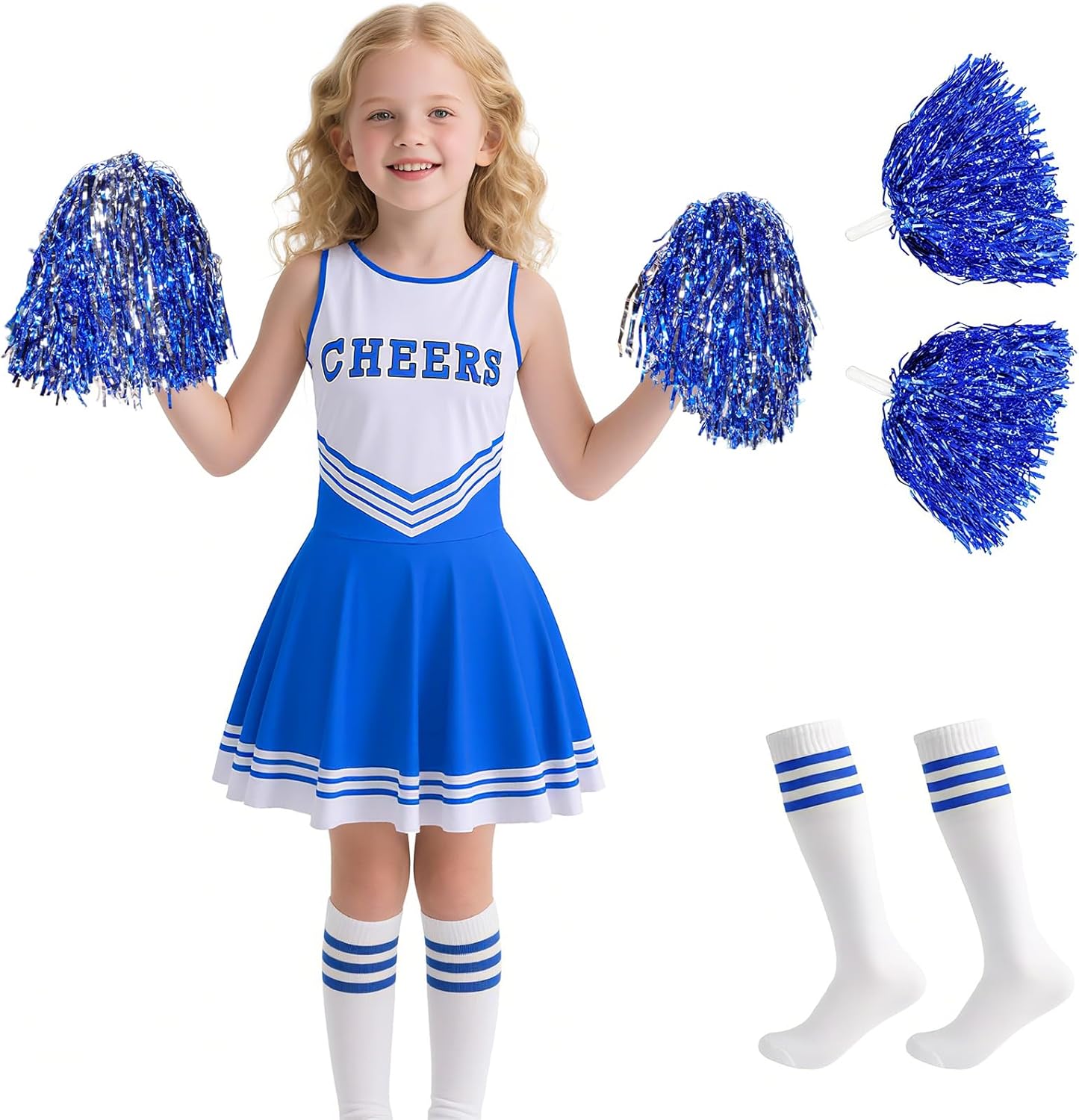 Cheerleader Costume for Girls -Cheerleader outfit for Kids Cheerleading Dress with Pom Poms for Halloween 3-12 Years