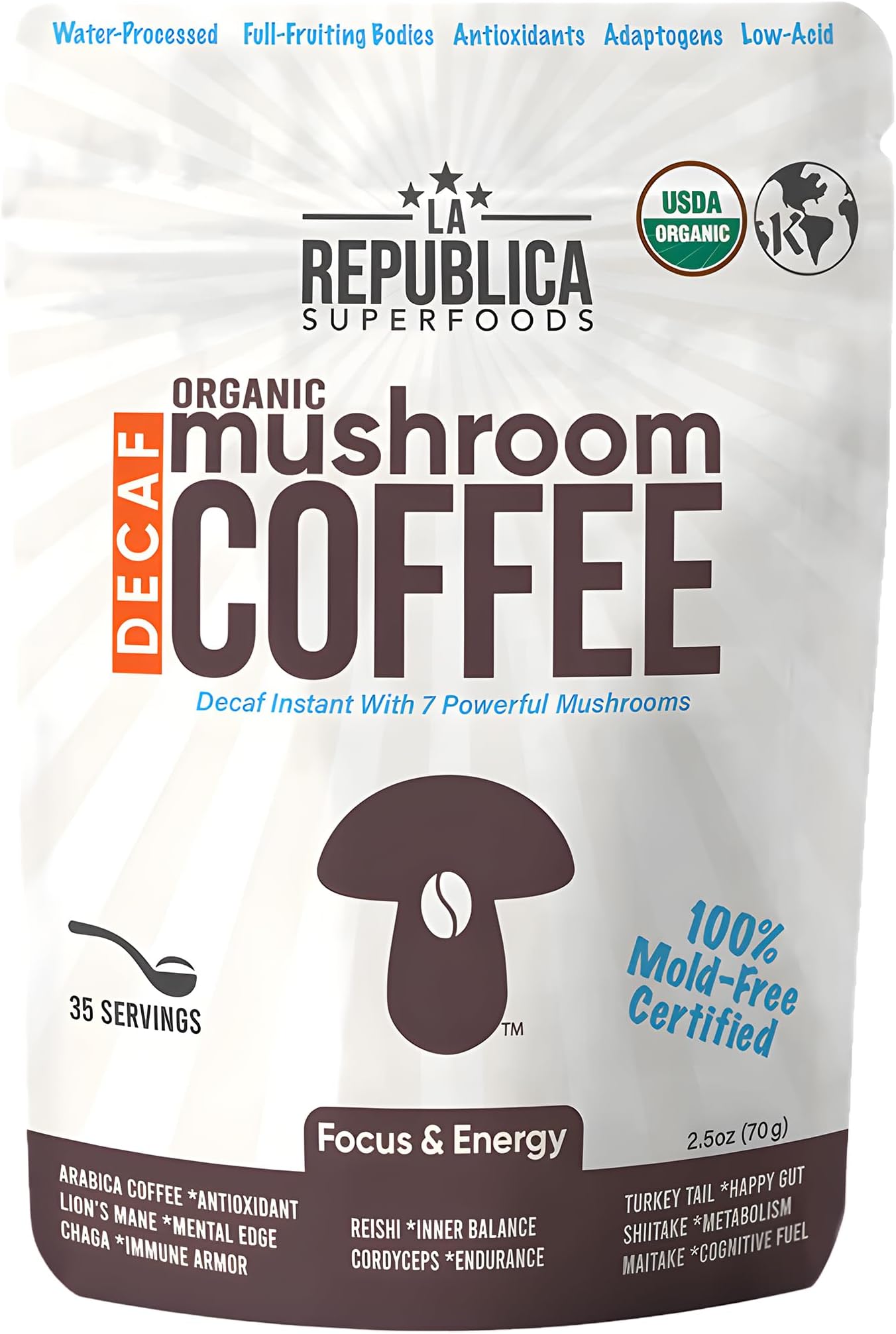 La Republica DECAF Organic Mushroom Coffee (35 Servings) with 7 Superfood Shrooms, Great Tasting Instant Mix Includes Lion's Mane, Reishi, Chaga, Cordyceps, Shiitake, Maitake, and Turkey Tail