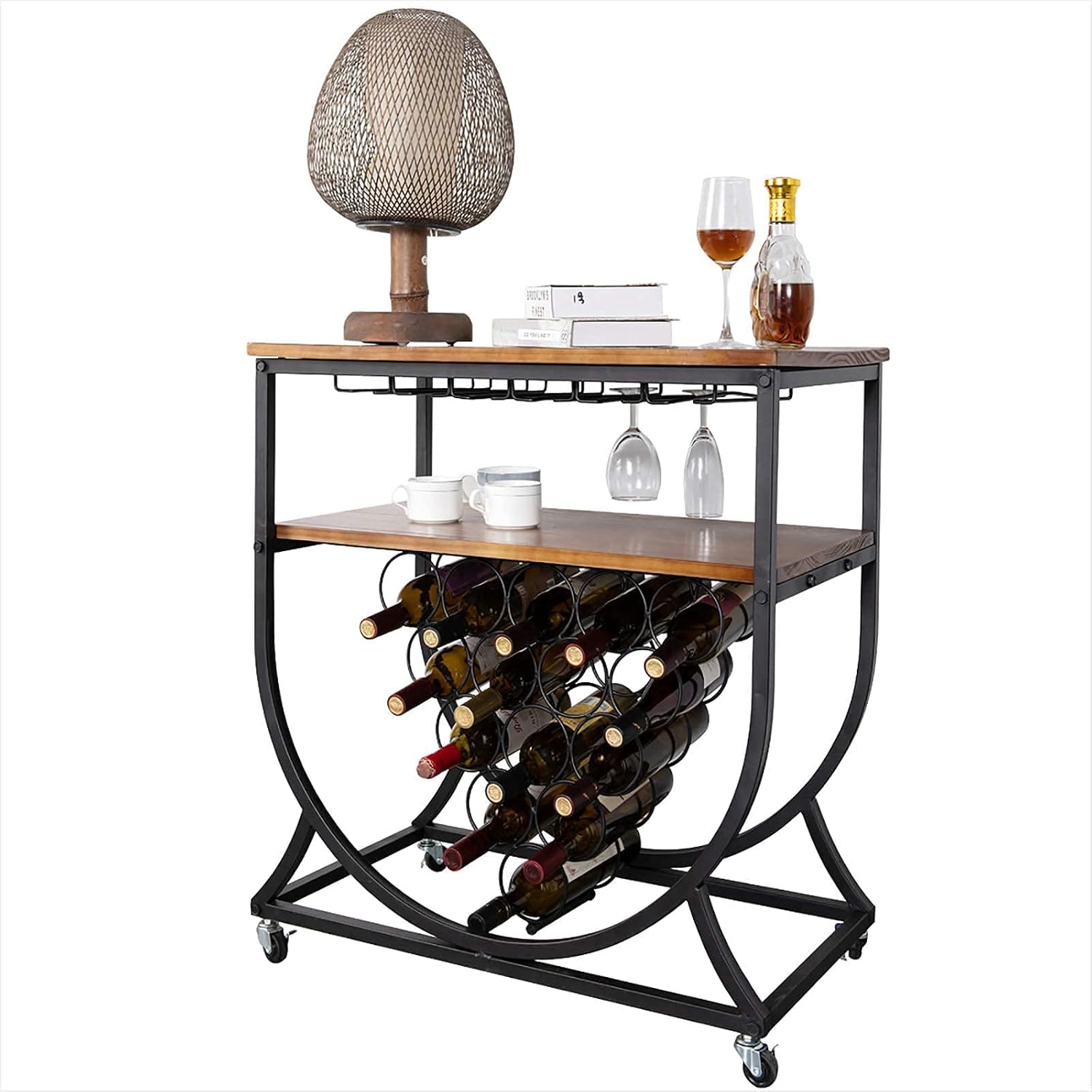 🔥 MORITIA Industrial Wine Rack Console Table with Glass Holder, Metal and Wood Wine Storage Display Rack for Home, Holds 15 Bottles, 29.2W x 16.0D x 29.9H Inch