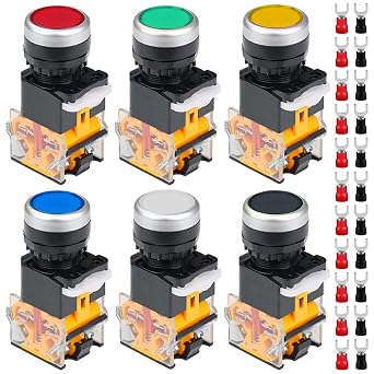 6 Pcs 440V 22mm Momentary Push Button Switch 10A 5 Color Red/Bule/Green/White/Yellow/Black LA38-11 1NO 1NC Switch for DIY with 24 Pcs Fork Terminal