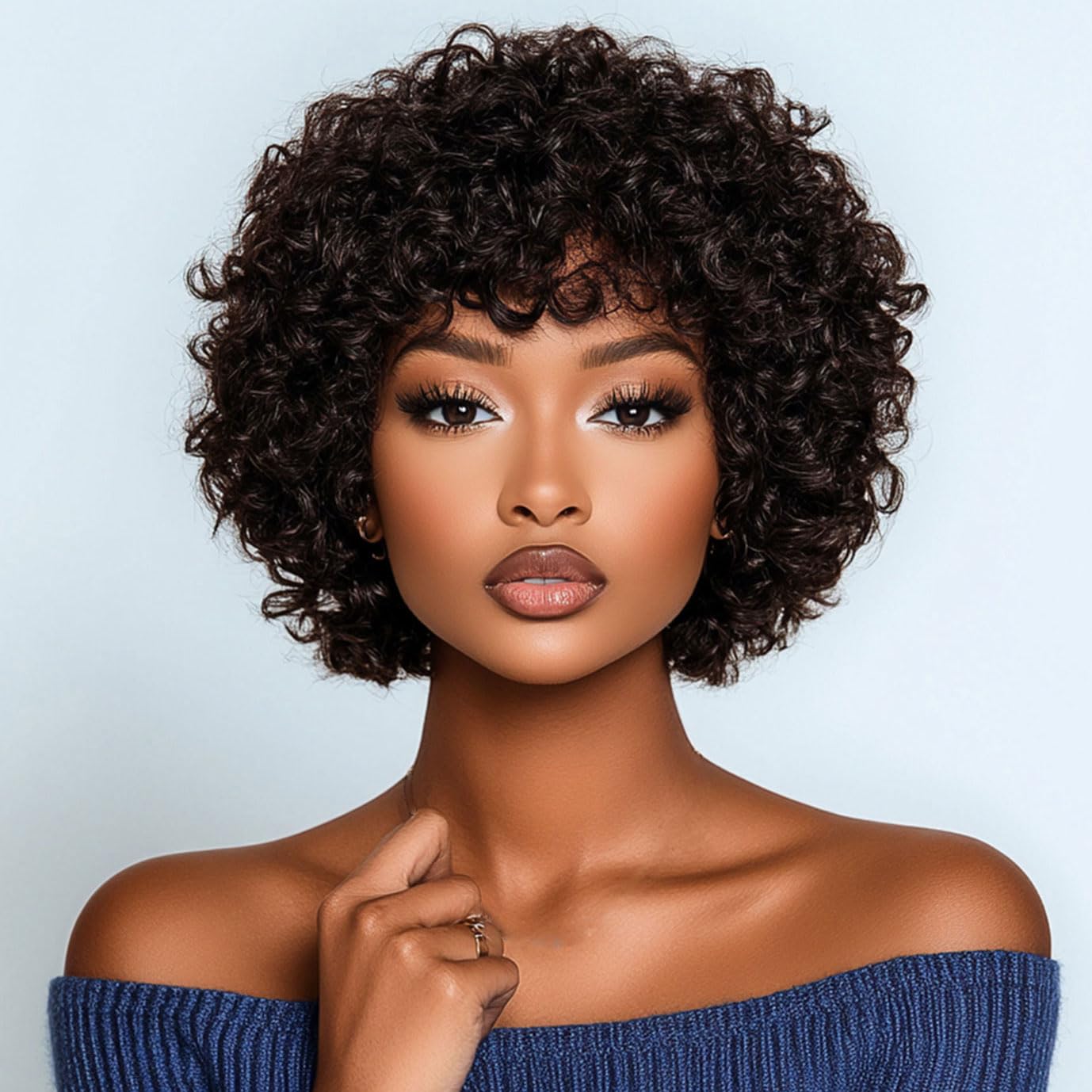 DÉBUT Afro Curly Wigs with Bangs 100% Human Hair Short Curly Glueless Wigs for Women Loose Curls Wear&Go Non Lace Front Wig (Dark Brown)