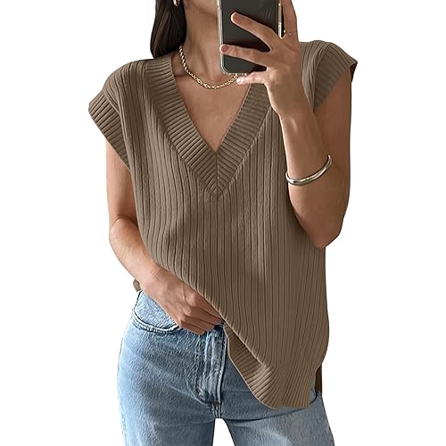 ANRABESS Womens V Neck Sweater Vest Oversized Sleeveless Tops Casual Ribbed Knit Loose 2024 Summer Tank Top Outfits Clothes