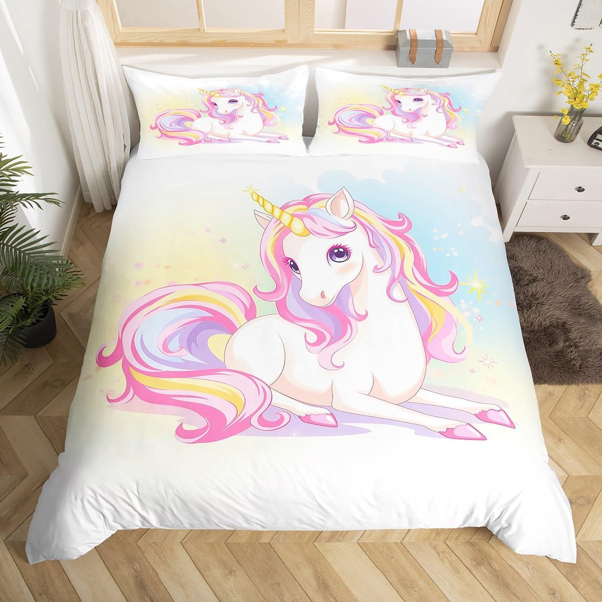 jejeloiu Pink Unicorn Duvet Cover Dreamy Horse Bedding Set for Kids Boys Room Decor Cute Unicorn Unicorn Glitter Comforter Cover Set Toddler Size Cute Animal Bedspread Cover 2Pcs Zipper,No Comforter