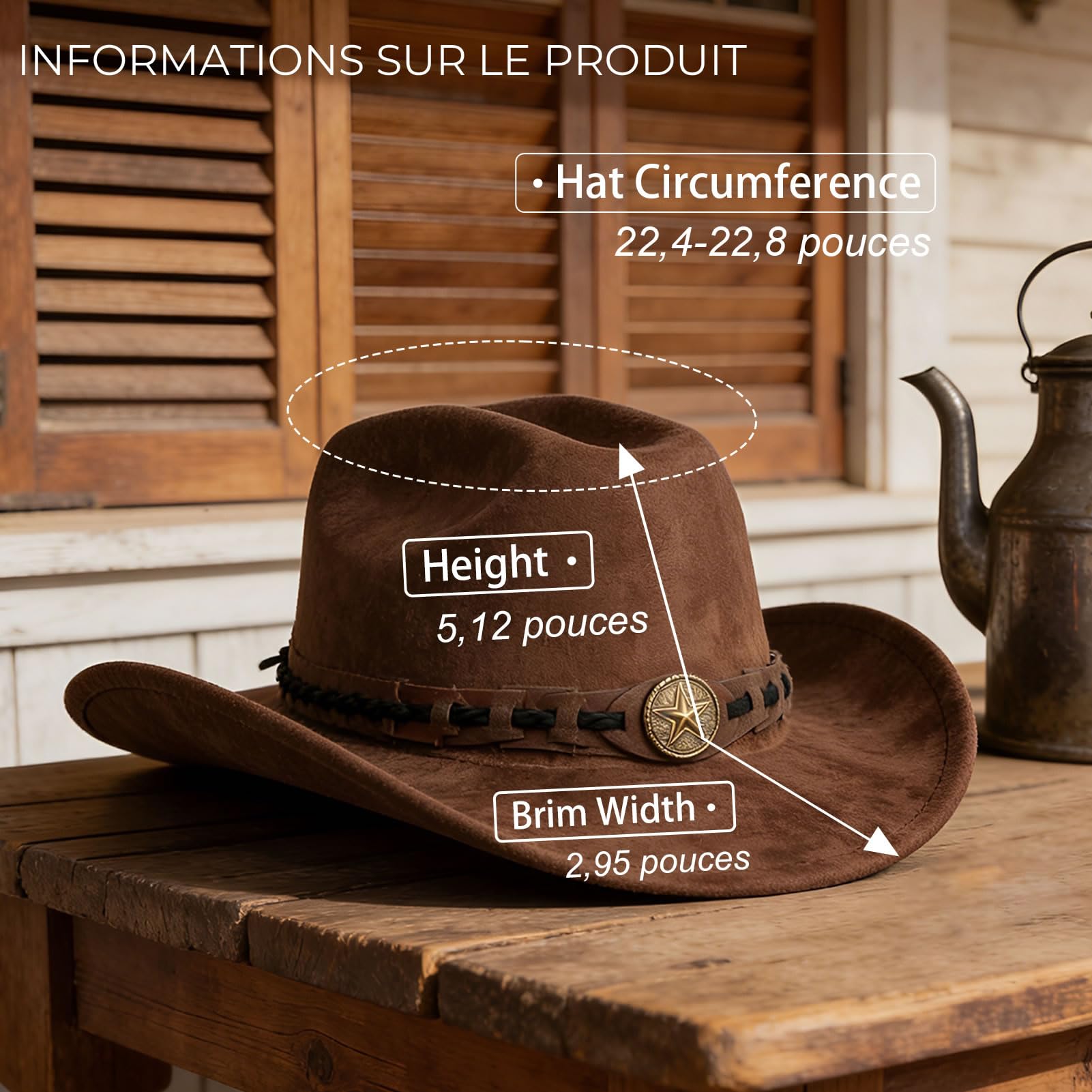Chapeau de Cowboy Large Bordure réglable pour Hommes et Femmes élégant en Cuir de Daim Authentique Western Cowboy Chapeaux à la Mode en Plein air avec Design Unique (Marron)