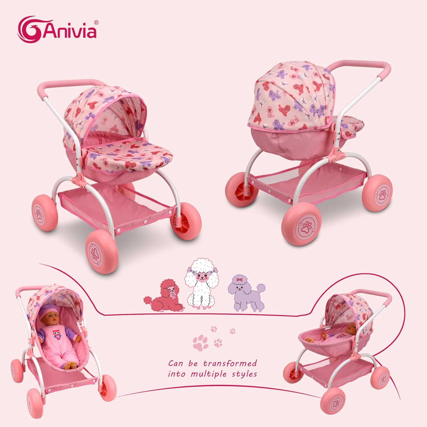 ANIVIA Doll Stroller Toy Realistic Doll Stroller Heart Design Gifts for Toddlers and Girls Foldable Baby Doll Stroller Toy