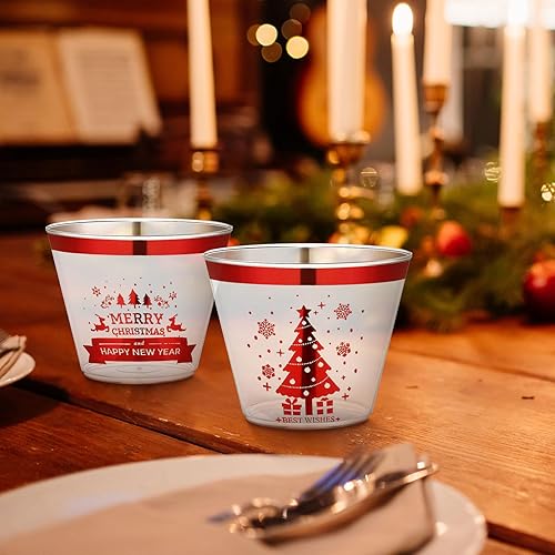 Miniatura 5 de 60 vasos de Navidad de 9 onzas, vasos de plástico transparente con borde rojo, vasos de cóctel de Navidad, vasos de cóctel de plástico transparente