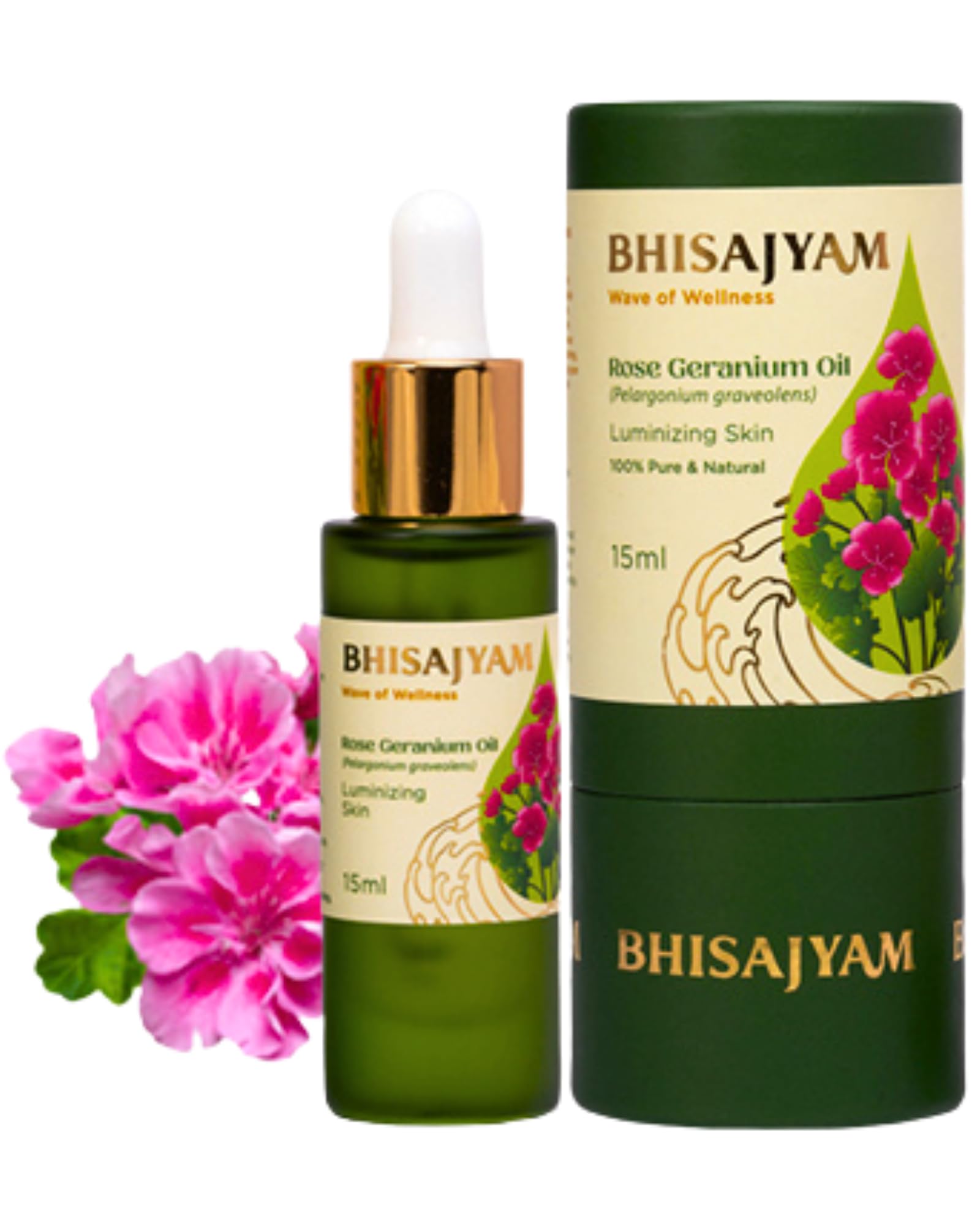 Bhisajyam® Rose Geranium Essential Oil | 100% Pure & Natural | Glowing Skin & Floral Fragrance | Fine Lines & Dark Spots Care | Skin Nourishment | No Chemicals | Women | 15ml