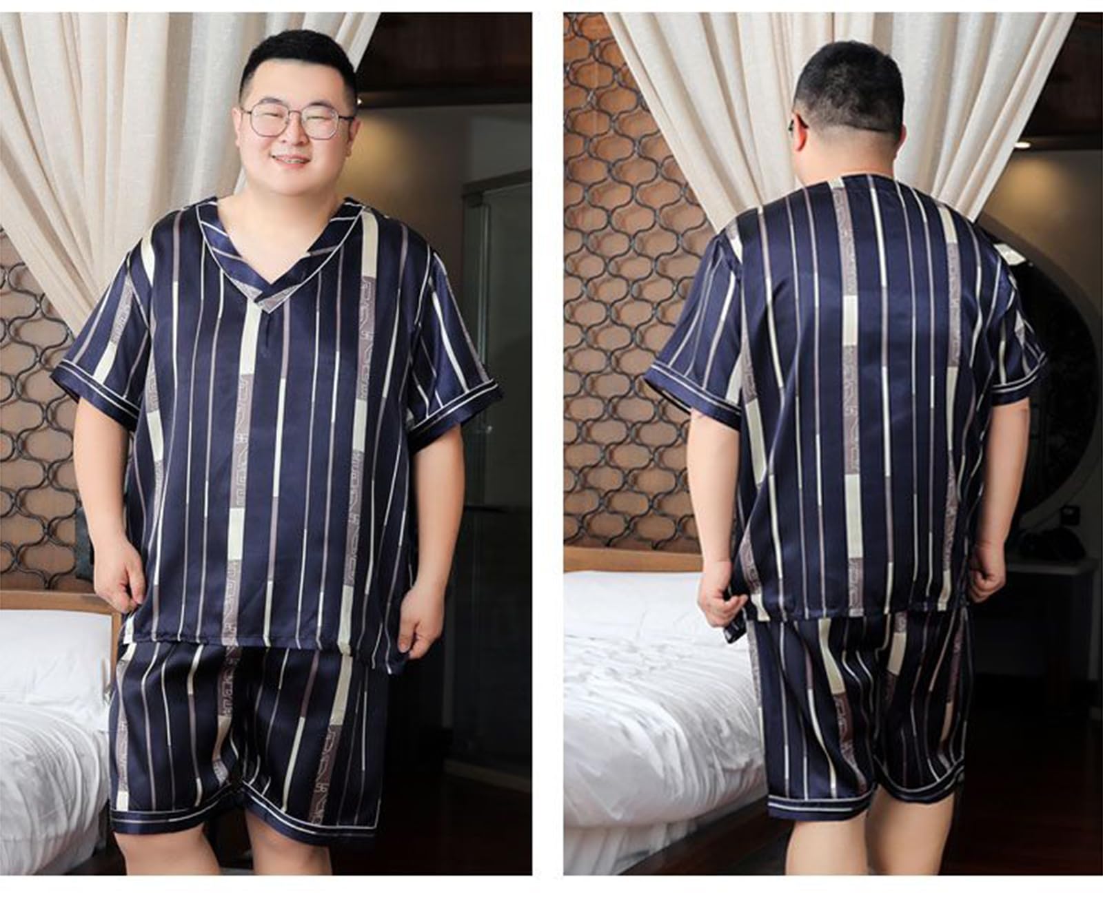Mens Pajamas Set Button-Down Camicia a Manica Corta Top Soft Silk Pj Set Plus Size Loungewear Pjs 3XL-5XL