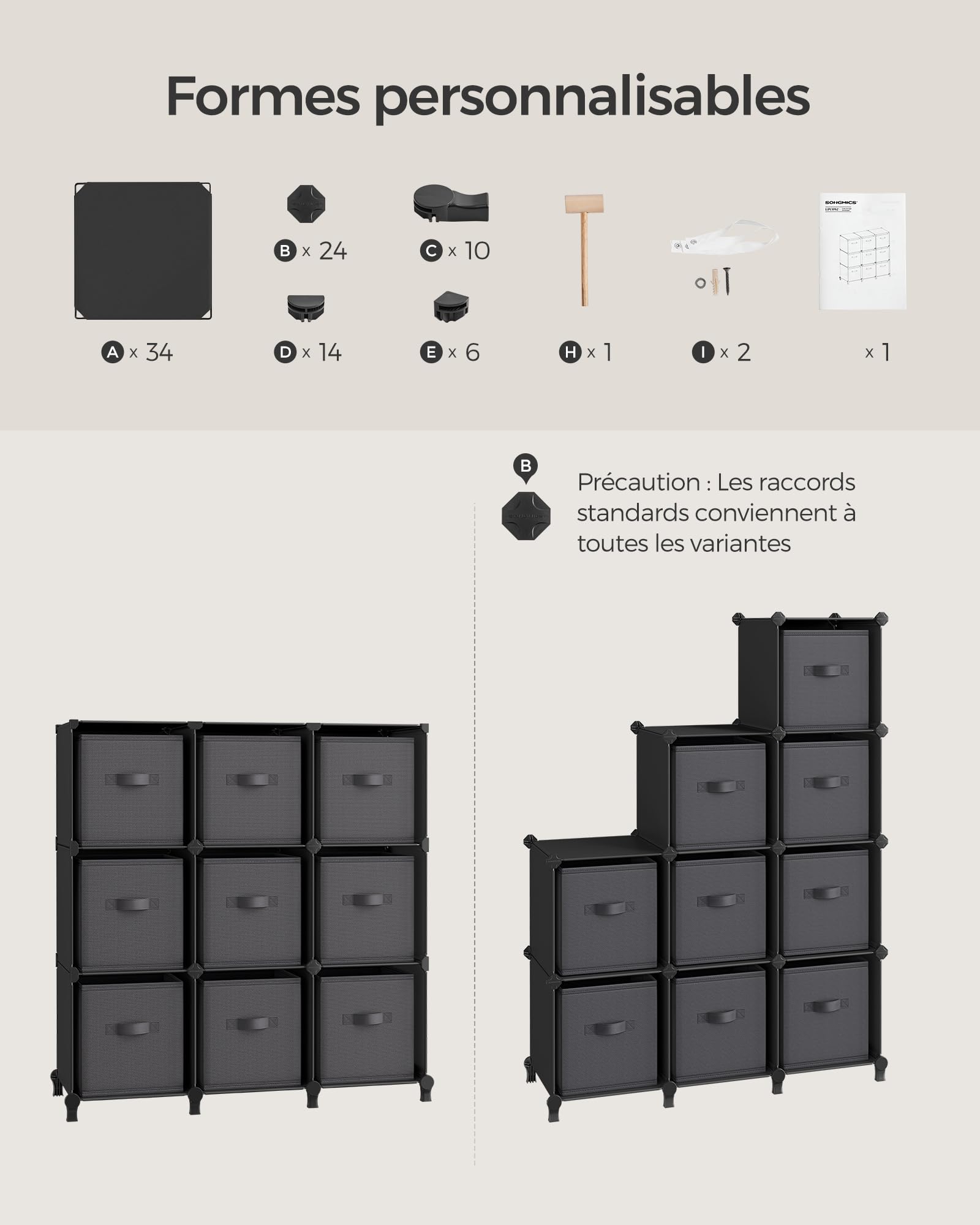 SONGMICS Meuble de Rangement avec Boîtes, Meuble à 9 Cases pour Vêtements, Étagères en Tissu Non-tissés, Personnalisable, Extensible, Gain de Place, Chambre, Noir d'Encre et Gris Tourterelle LPC092B01