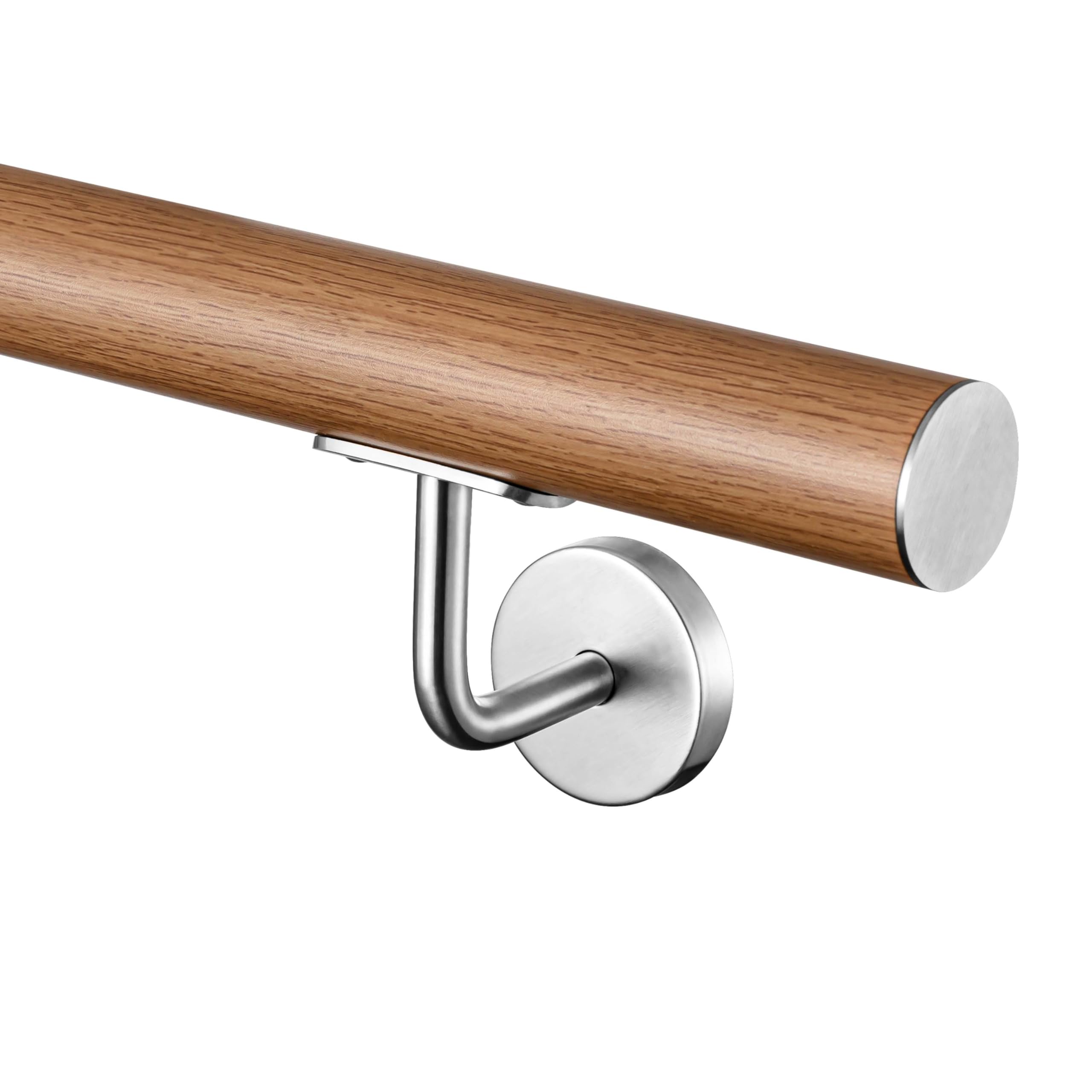 AICA Barandilla de escalera, Pasamanos de acero inoxidable 304 acabado madera marrón, 80 cm con 2 soportes, para Interior y Exterior