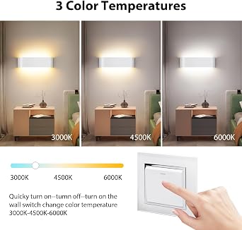 OOWOLF Indoor Led Wall Lights - 2 Pack 3000K/4500K/6000K Adjustable Color Temperature Wall Lights for Bedroom Living Room Kitchen Dining Room [Energy Class F]