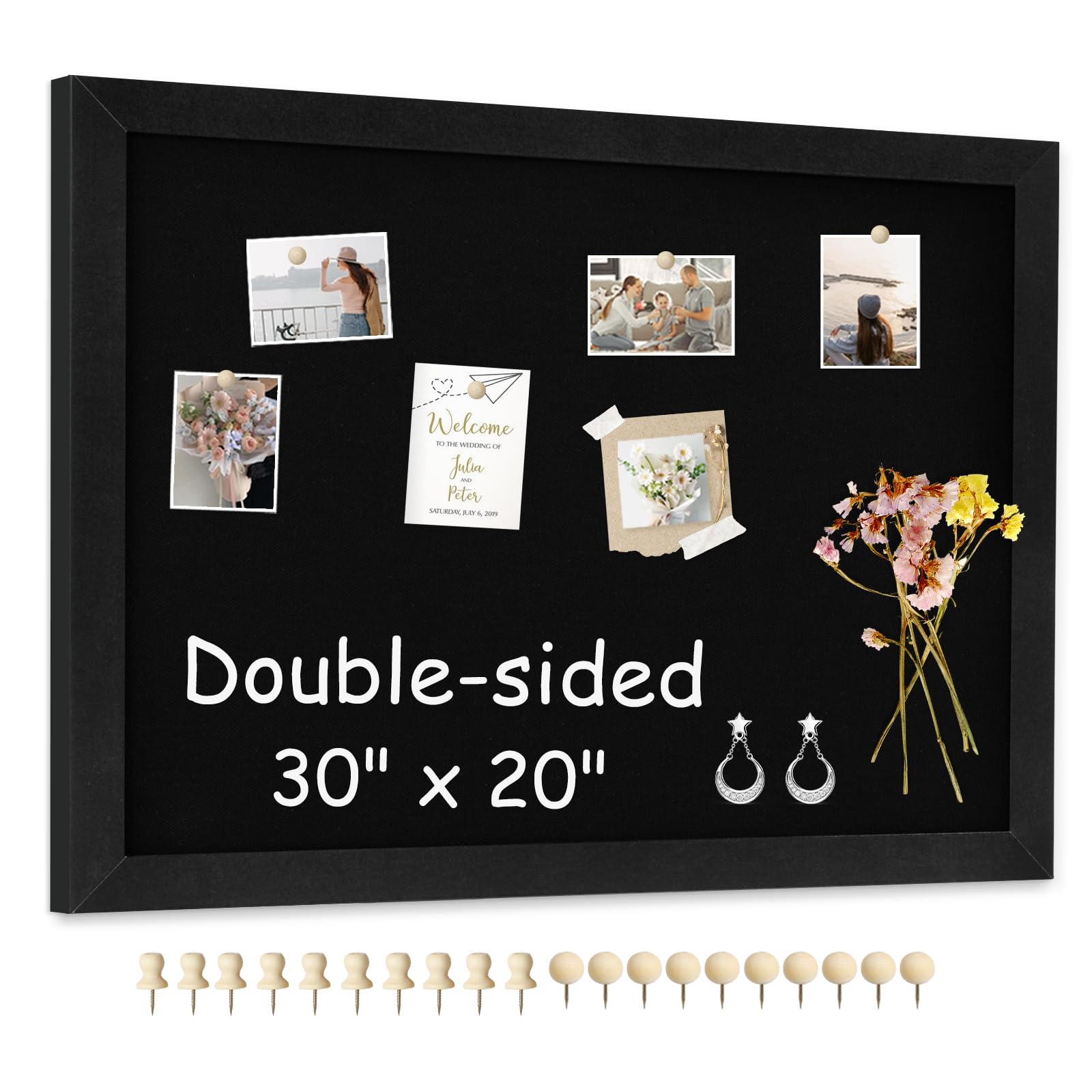 AMUSIGHT Double-Sided Black Cork Board with Linen, 30" x 20" Hanging Wood Framed Large Bulletin Board, Picture Display Vision Board Kit Corkboards for Wall Room School Office Decor, 20 Pushpins — image 1